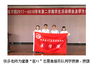 文本框:  张多老师为健康“医+1”志愿者服务队同学授牌、授旗